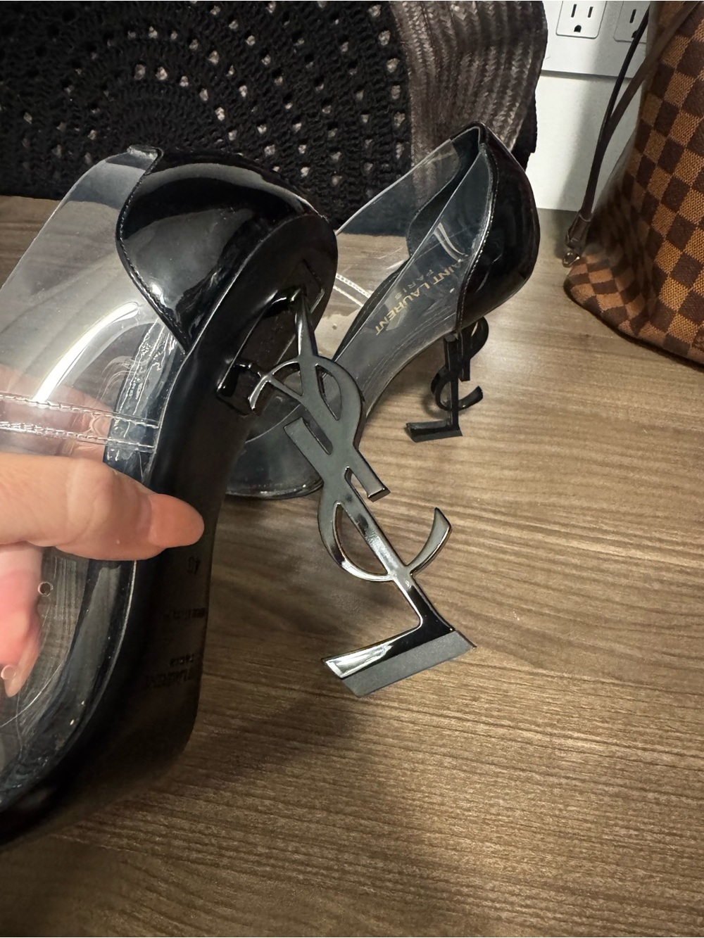 Saint Laurent Black Patent & Clear PVC Pointed Toe Pump with YSL Logo Heel - Picture 3 of 10